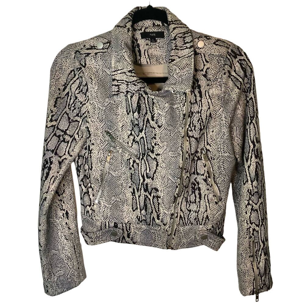 Fate Faux Snakeskin Moto Jacket Gray Ivory Black Very Soft Full Zip Size Small